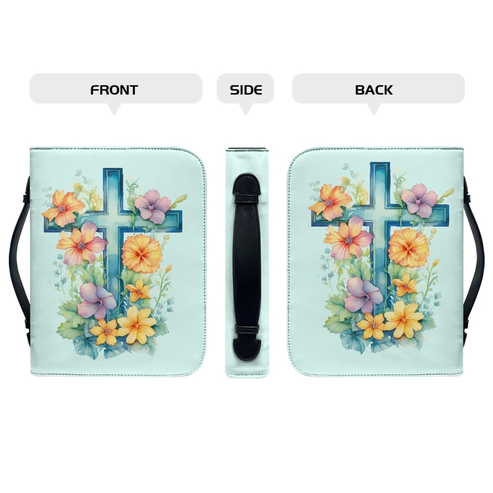 Personalizzata Custodia Bibbia in Pelle con Cerniera Grande Borsa Biblica Donna Uomo Fiore Crocifisso Azzurro L