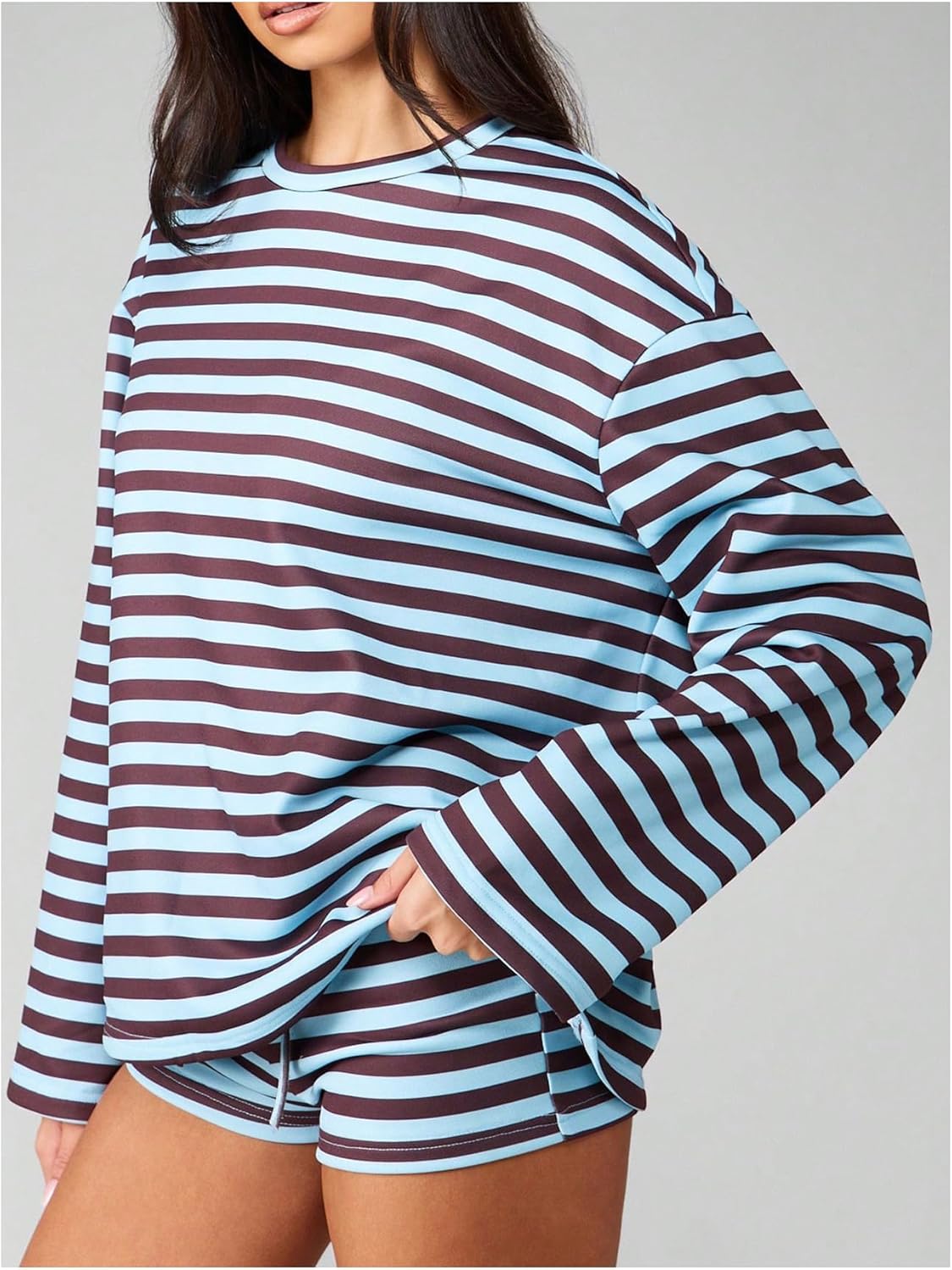 Women's 2 Piece Striped Outfits Knit Long Sleeve Shirts and Mini Shorts Set Loungewear - Image 3