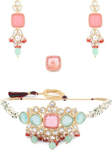 ZAVERI PEARLS Multicolor Stones & Beads Multistrand Beaded Kundan Choker Necklace Earring & Ring Set For Women-ZPFK15092