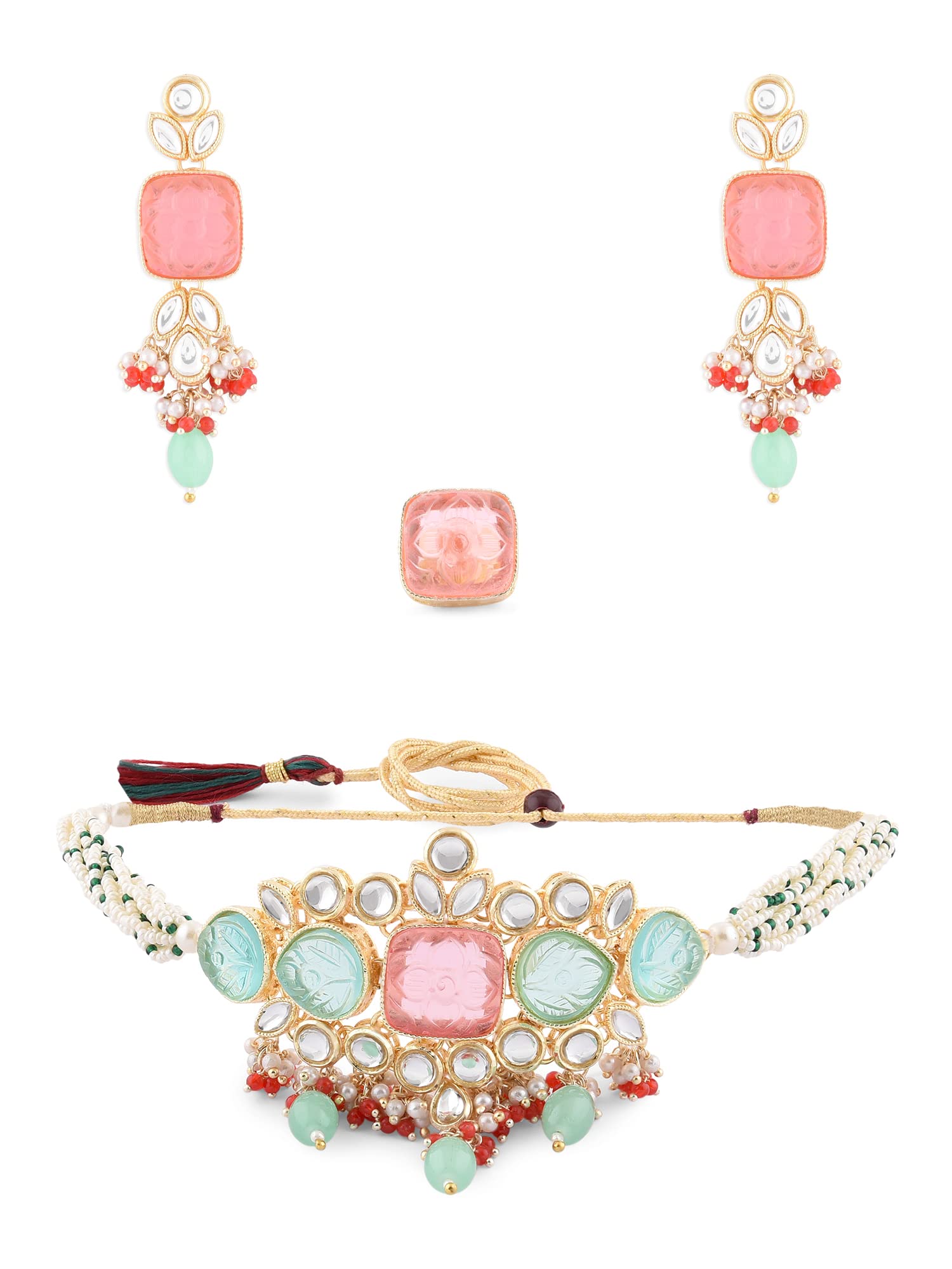 Multicolor Stones & Beads Multistrand Beaded Kundan Choker Necklace Earring & Ring Set For Women-ZPFK15092
