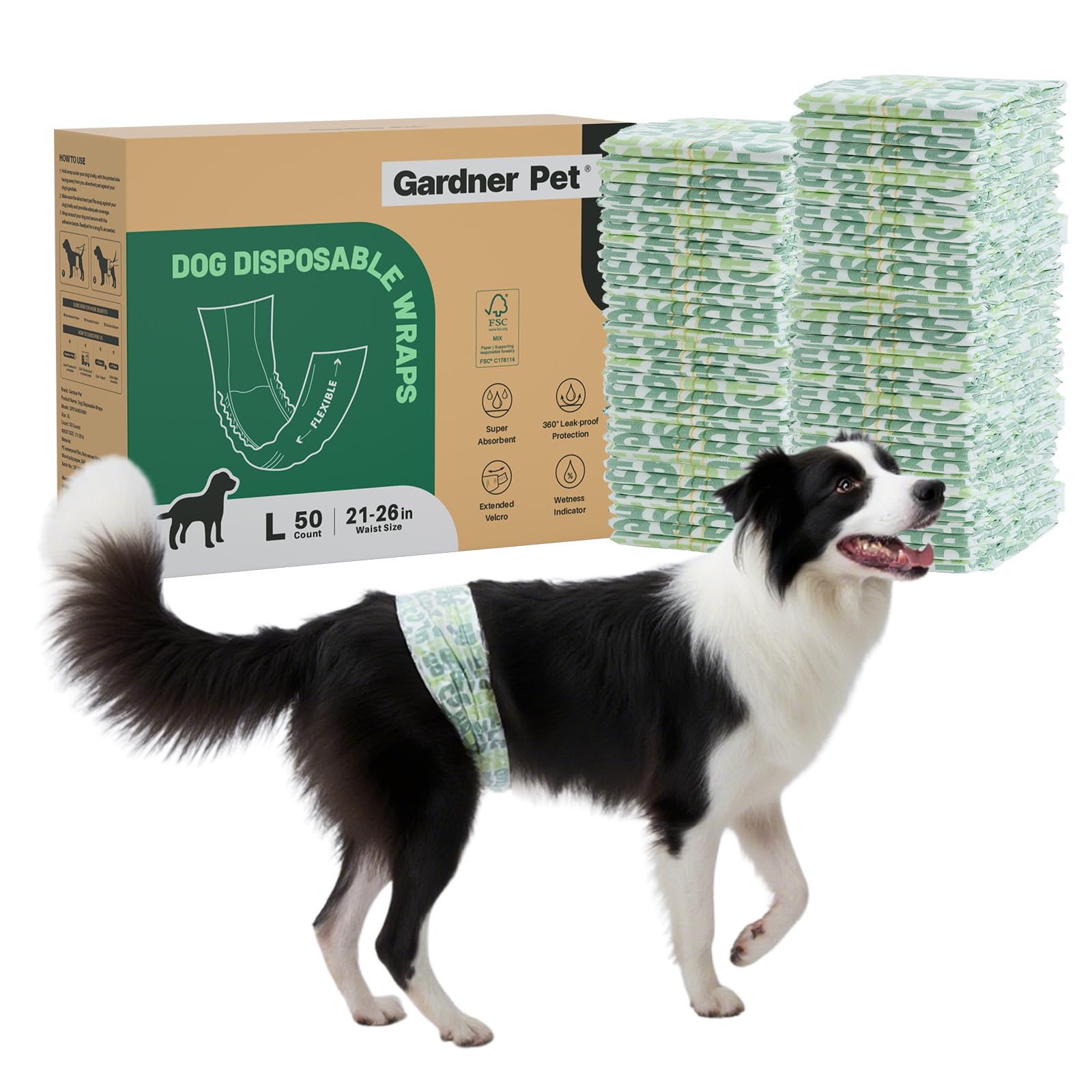 Gardner Pet Male Dog Nappies Wraps with Wetness Indicator, 50 Count, Super Absorbent Disposable Dog Nappies Male, 6 Layers of Leak-proof, Suitable for Puppy Training, Incontinence, Large