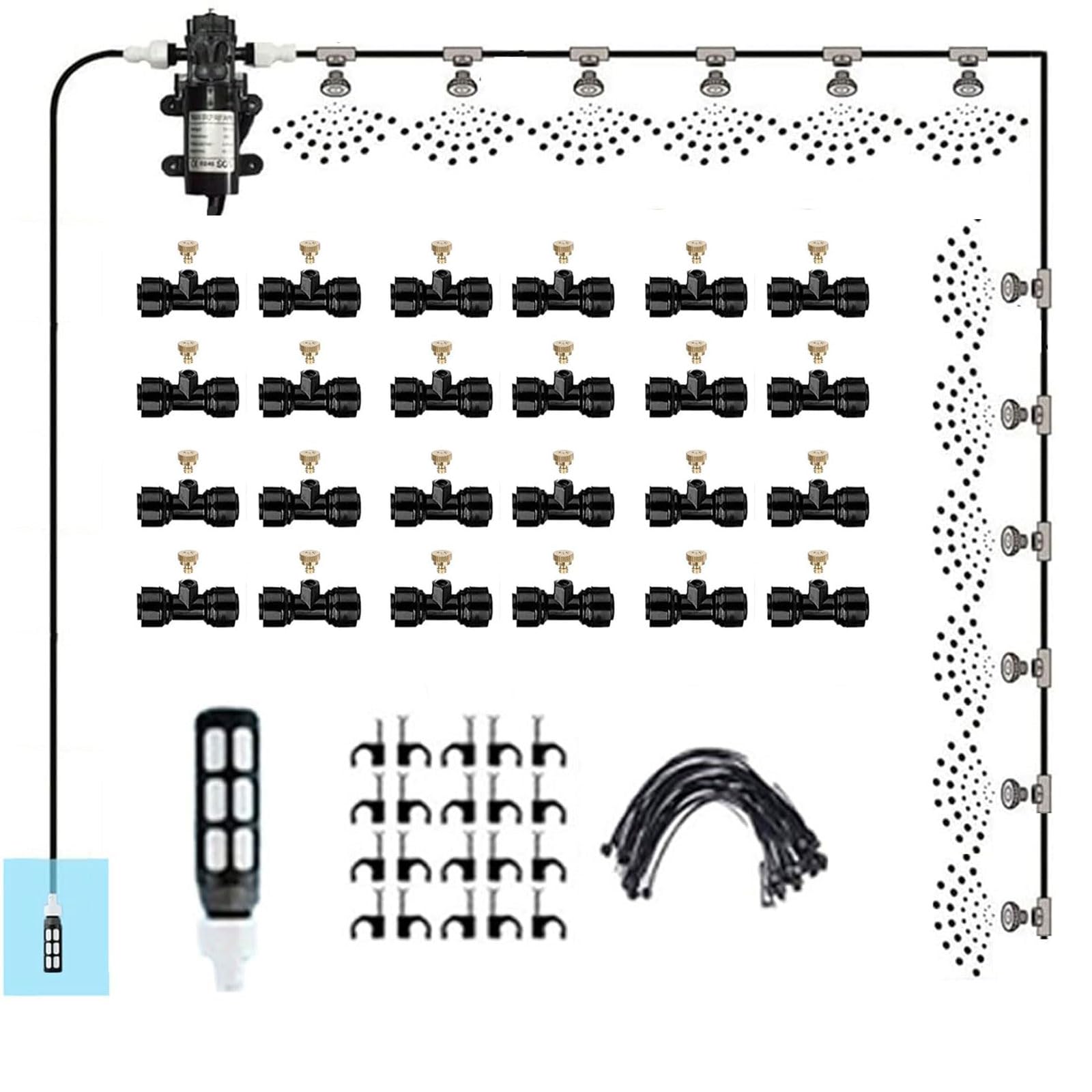 60m Nebulizzatore Giardino da Esterno con Pompa 12v, Kit di nebulizzazione con filtro, Sisteme di Raffreddamento for Patio, Sisteme Irrigazione Giardi(Size:60m + 60 nozzles)