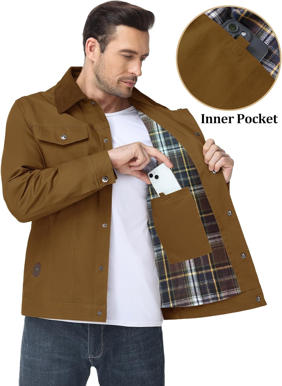 Flygo Mens Flannel Lined Shirt Jacket Cotton Corduroy Turndown Collar Snap Button Rugged Cargo Trucker Jacket with Multi-Pockets(Brown-XL) - Image 5