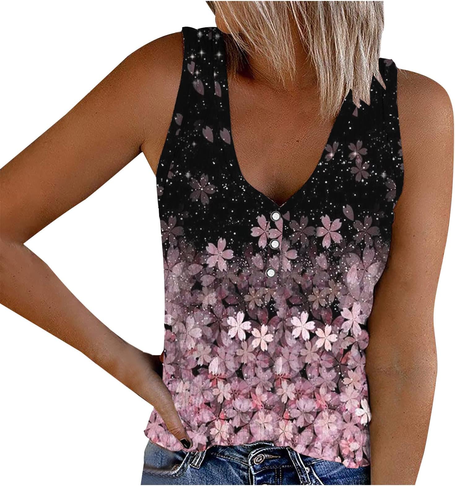 Womens Sleeveless Henley Tank Tops Gradient + Floral Print Vest Ribbed V Neck Button Down T Shirts Summer Slim Fit Tee Blouse
