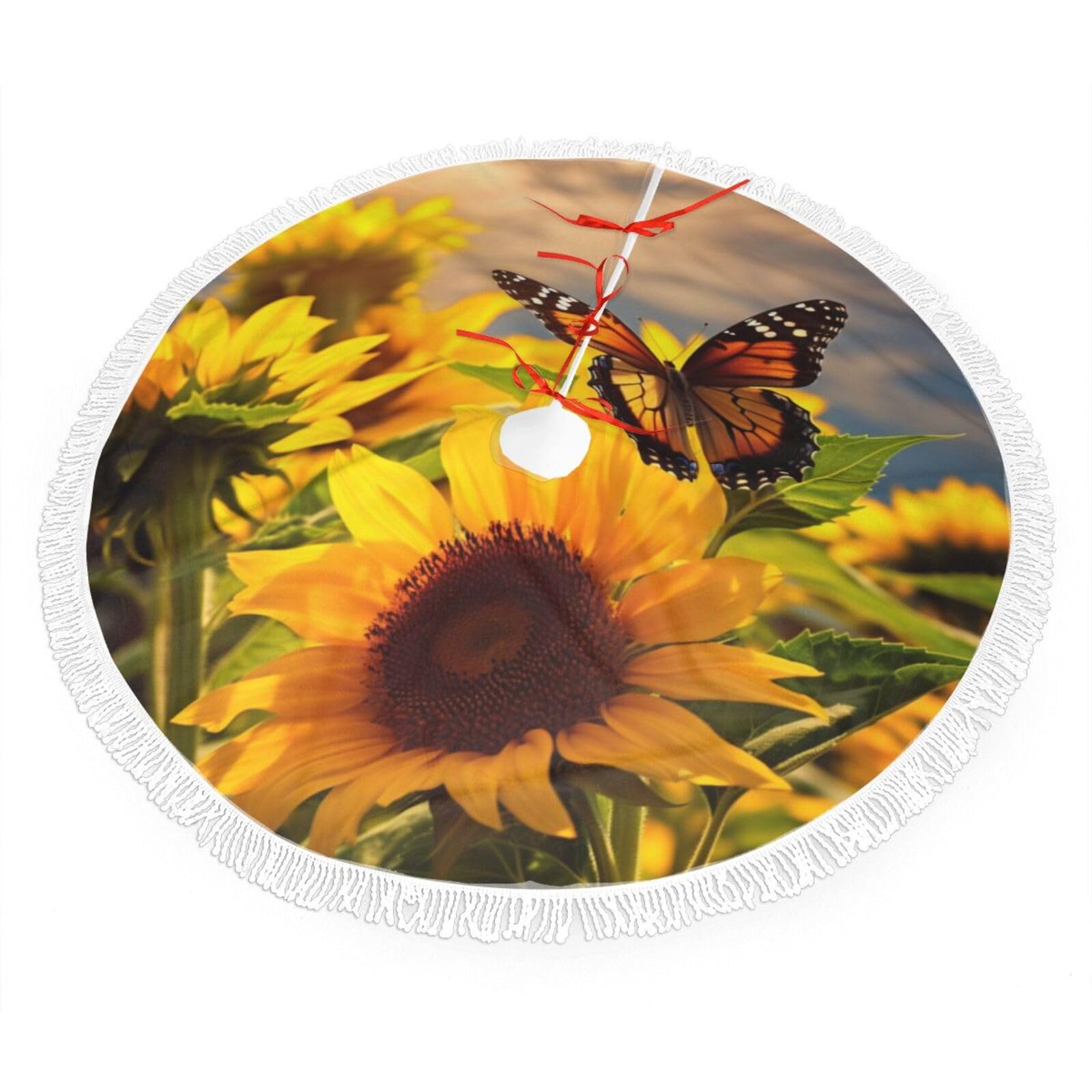 Sunflower Butterfly Christmas Tree Skirt 48", Soft Plush Xmas Tree Carpet with Tassel Christmas Ornaments Winter Holiday Tree Mat Decoration for Home Party Supplies