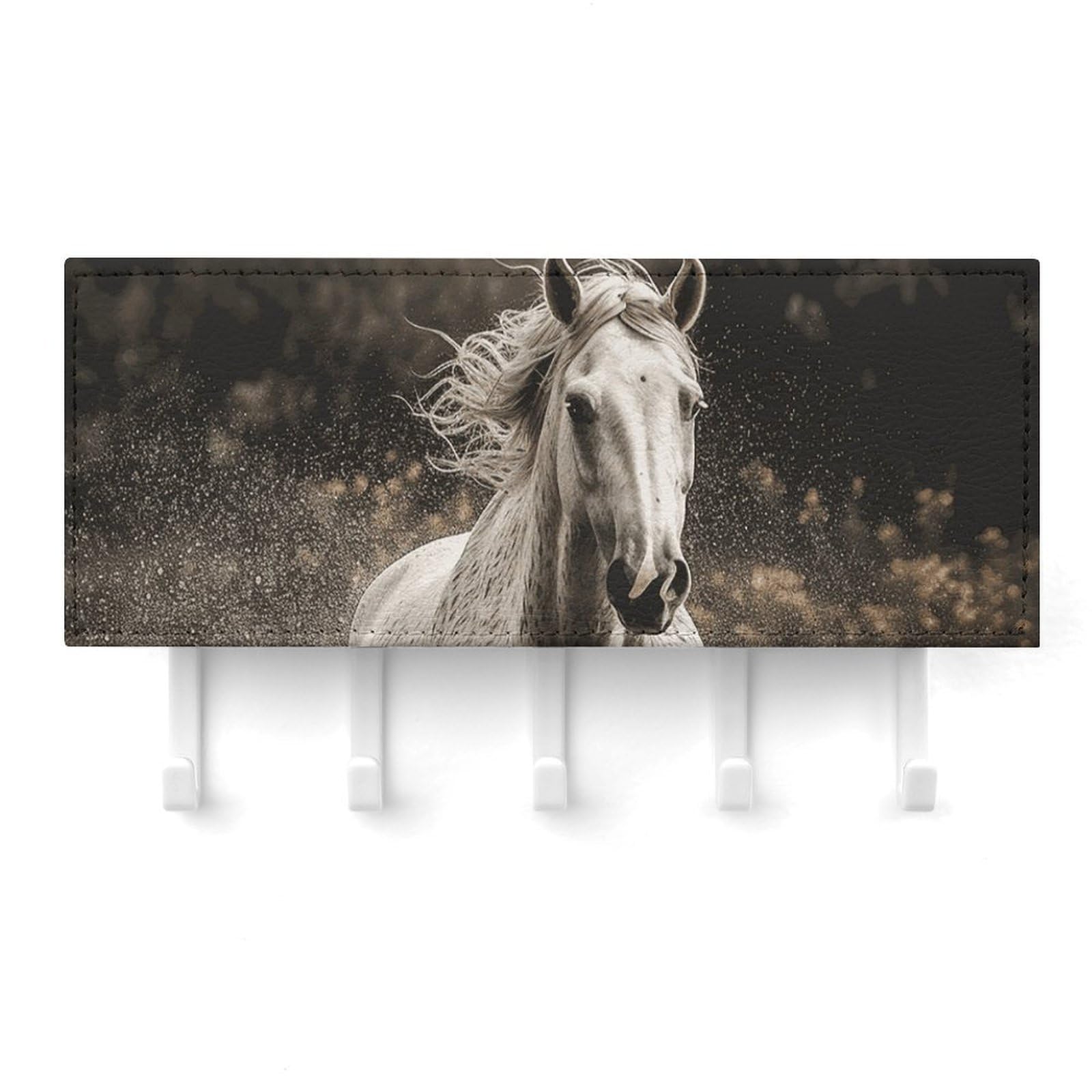 Fekiloot White Horse Running By The Water Key Holder For Wall Adhesive, No Drilling, Key Hooks With 5 Hooks Wall Mounted, Self Adhesive Keys Rack For Entryway, Hallway, Living Room, Kitchen, Office