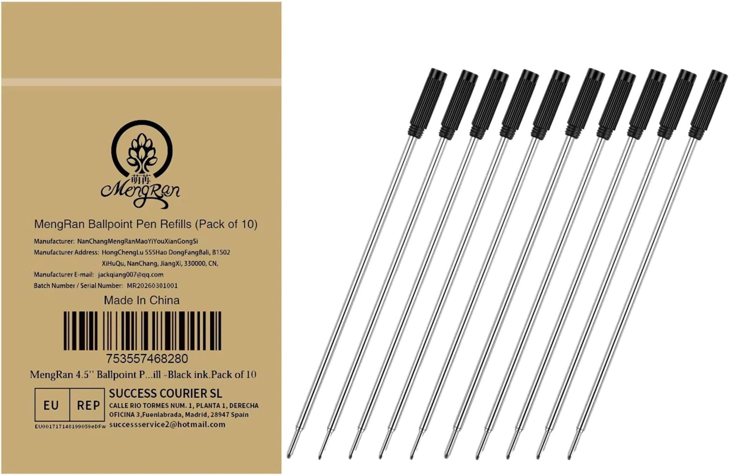 MengRan 4.5'' Ballpoint Ink Pen Refills for Twist Pens,1mm Medium Tip, (10 Pcs Black Ink)