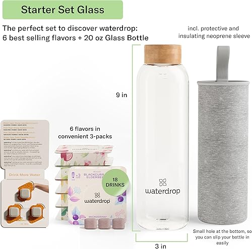 Miniatura 2 de Waterdrop - Juego de iniciación de 20 onzas, botella de vidrio de borosilicato con funda de neopreno, botella de vidrio con cubos saborizantes de