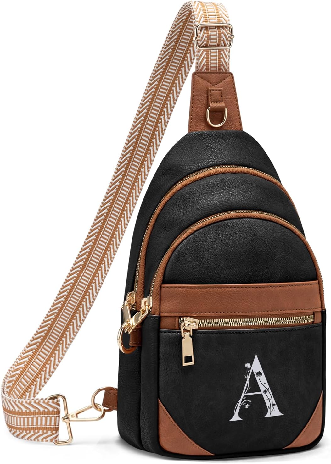 Viverte Anti Theft Sling Bag for Women Birthday Gifts Personalized Initial Crossbody Chest Bags RFID Travel Purses for Mom Wife (Black With Brown-A)