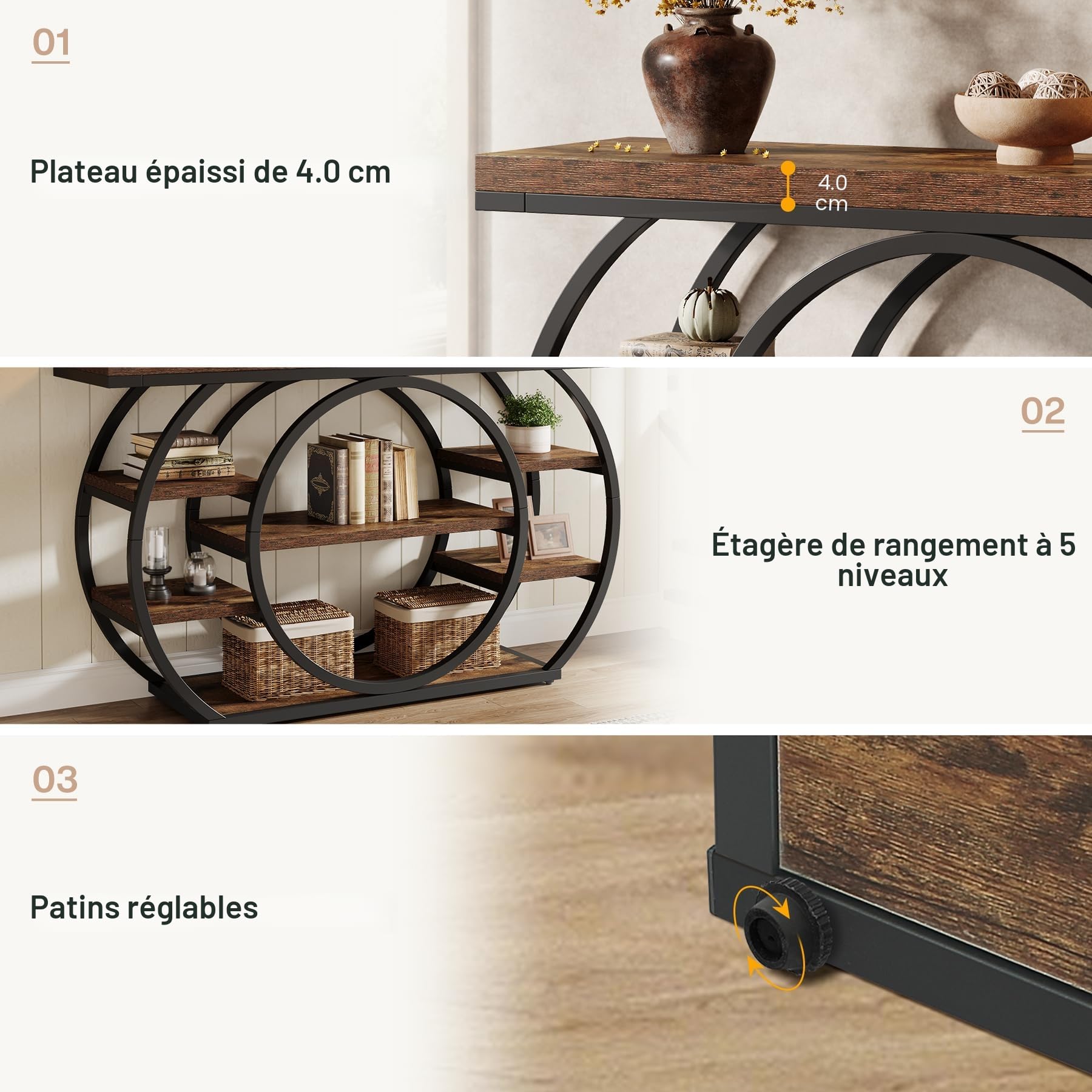 Tribesigns Table Console avec Base Circulaire étroite 120 x 30 x 80 cm Étagère de Rangement à 4 étages Ferme Industrielle Couloir Table Basse Rustique (Brun foncé)