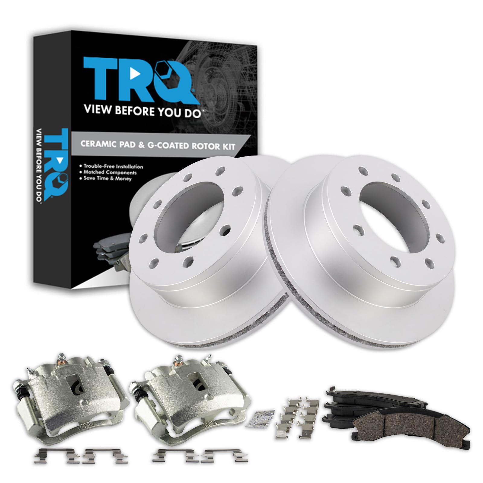 TRQ Rear Brake Pad, Caliper, &amp; Rotor Kit Ceramic Premium G-Coated Compatible with 2009 Chevrolet Express 3500 2009-2016 GMC Savana 3500