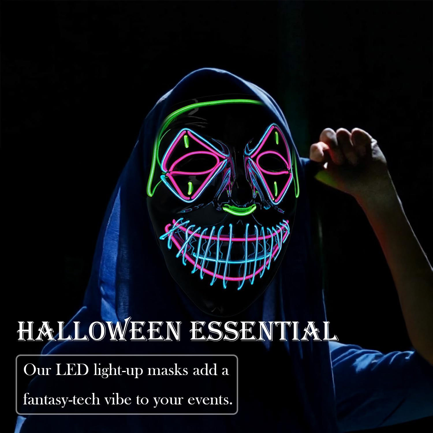 Halloween Mask with LED Lights - Scary Light-Up Mask for Costume Parties Cosplay, Masquerade & Carnival Festivals (black C) - Image 2