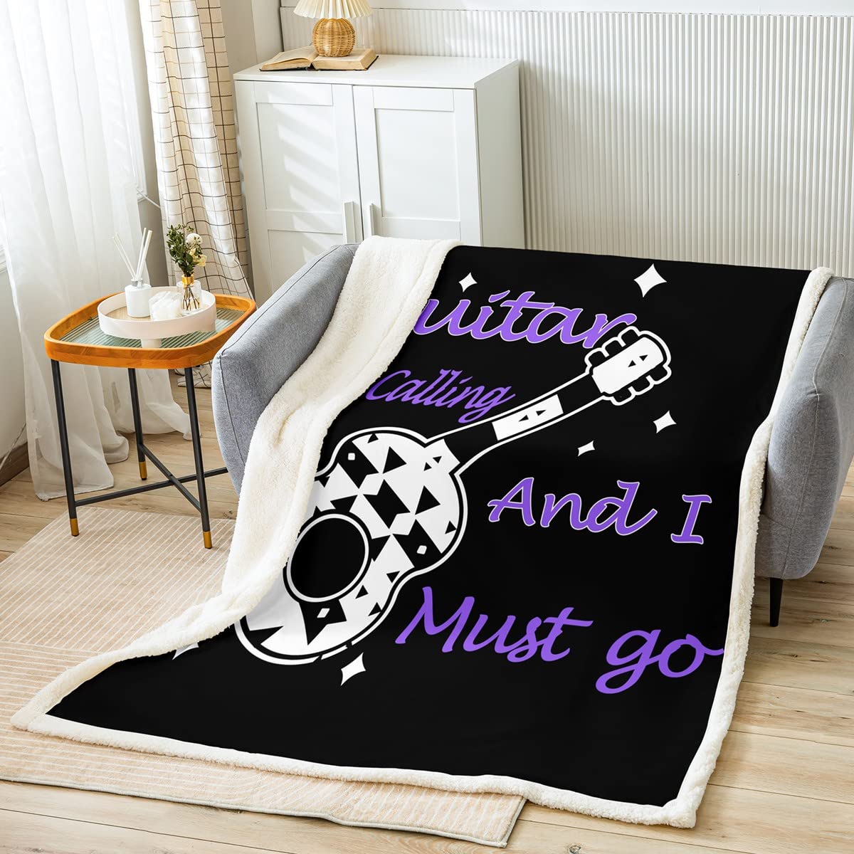Loussiesd Coperta in pile per chitarra Rock Music Coperta in peluche per letto divano donna uomo strumenti musicali Sherpa coperta traspirante nera bianca flanella coperta regina 200 x 220 cm