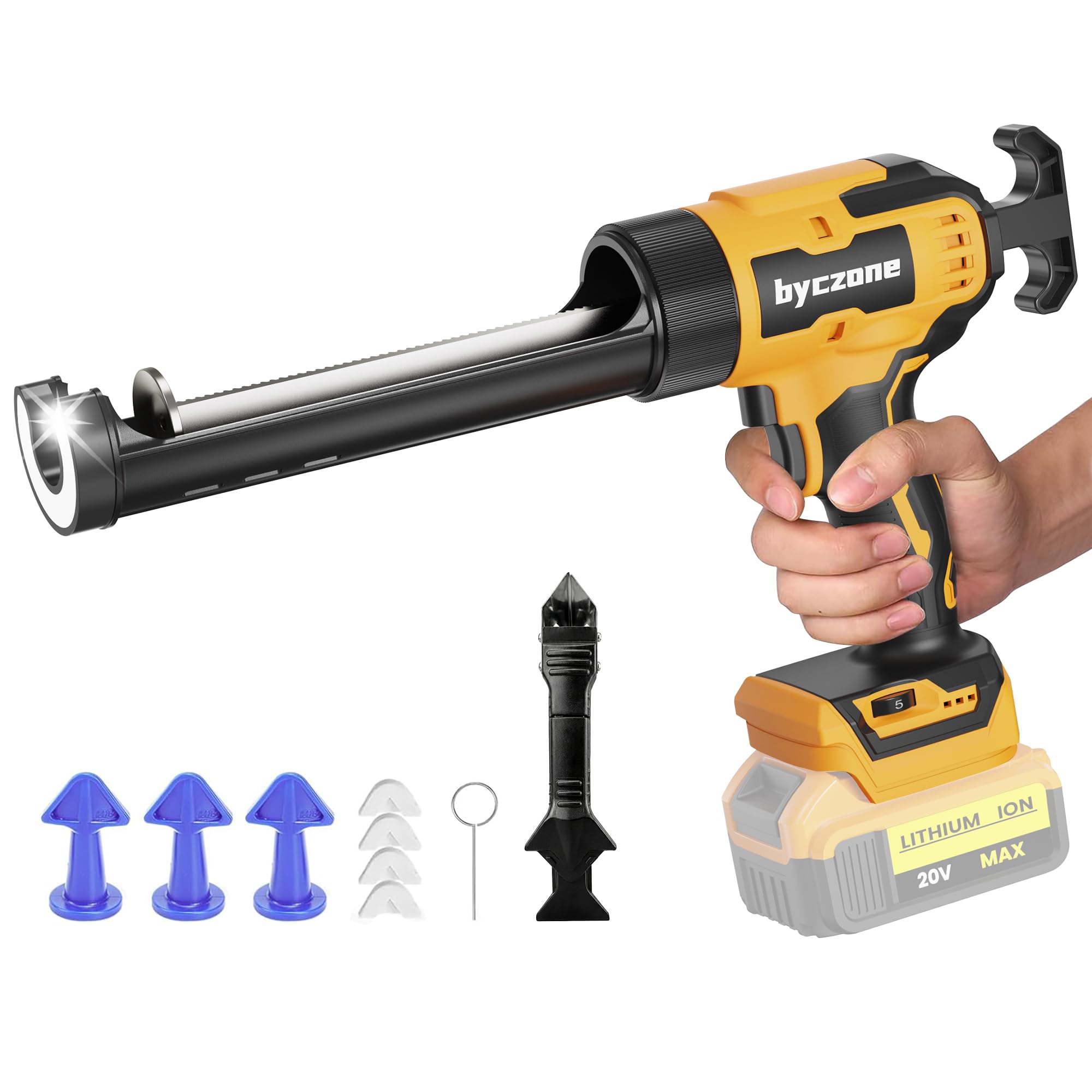 Pistola de calafateo eléctrica compatible con batería Dewalt de 20 V máximo, pistola de calafateo inalámbrica de 10 onzas con 6 velocidades ajustables, luz LED, pistola de calafateo alimentada