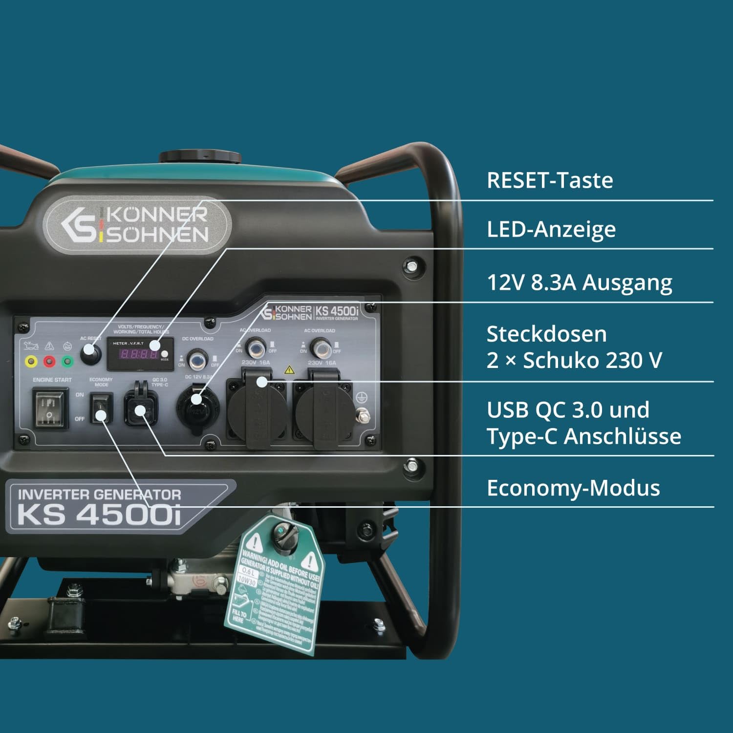 K&S Könner&Söhnen KS 4500i Inverter-Benzingenerator, max. Leistung 4500W, USB QC 3.0, Type-C, Eco-Modus, LED-Display, 4-Takt, 12V, 2×230 V Steckdosen, Könner & Söhnen