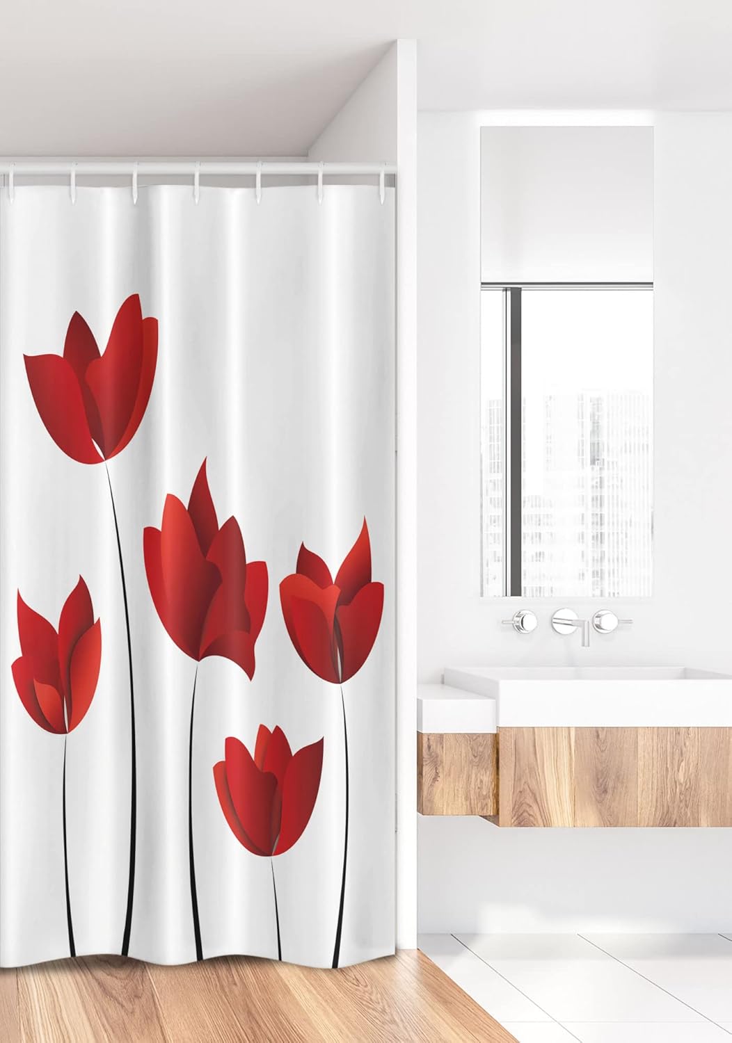 Ambesonne Floral Stall Shower Curtain, Valentines Exquisite Rose Petals Blossoms Florets Nature Illustration Image, Fabric Bathroom Decor Set with Hooks, 36" W x 72" L, Vermilion and White