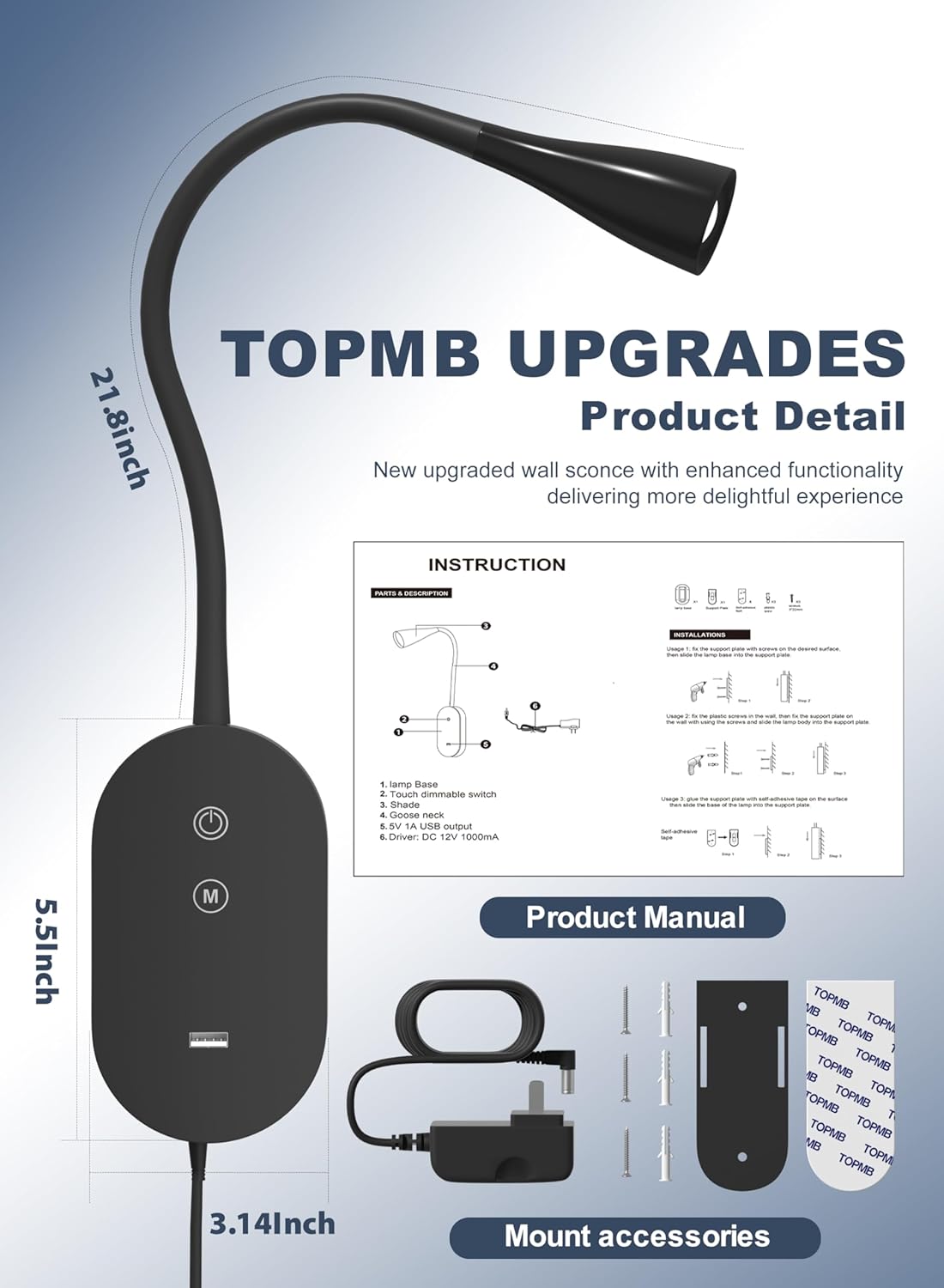 Wall Reading Lights for Book in Bed, Reading Lamp with 4 Color Modes 5 Dimmable, CRI 95+ Resembles Natural Sunlight,2A USB Output, Memory Function, 4-Hour Auto Off, Headboard Wall Lamp Black