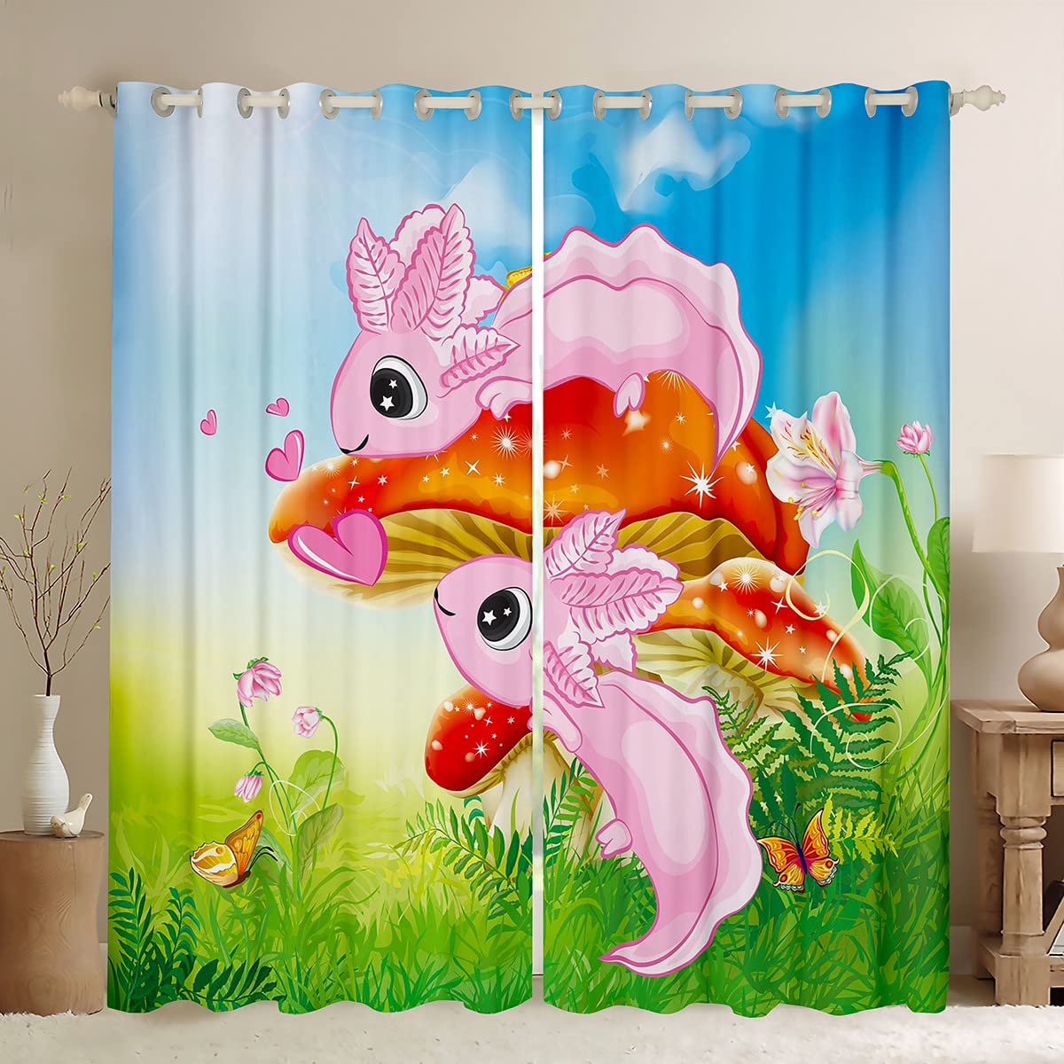 Loussiesd Cute Axolotl Blackout Curtains3D Animals Curtain Kawaii Axolotl Darkening Window Drapes for Bedroom Children Salamander Window Treatments W46*L54