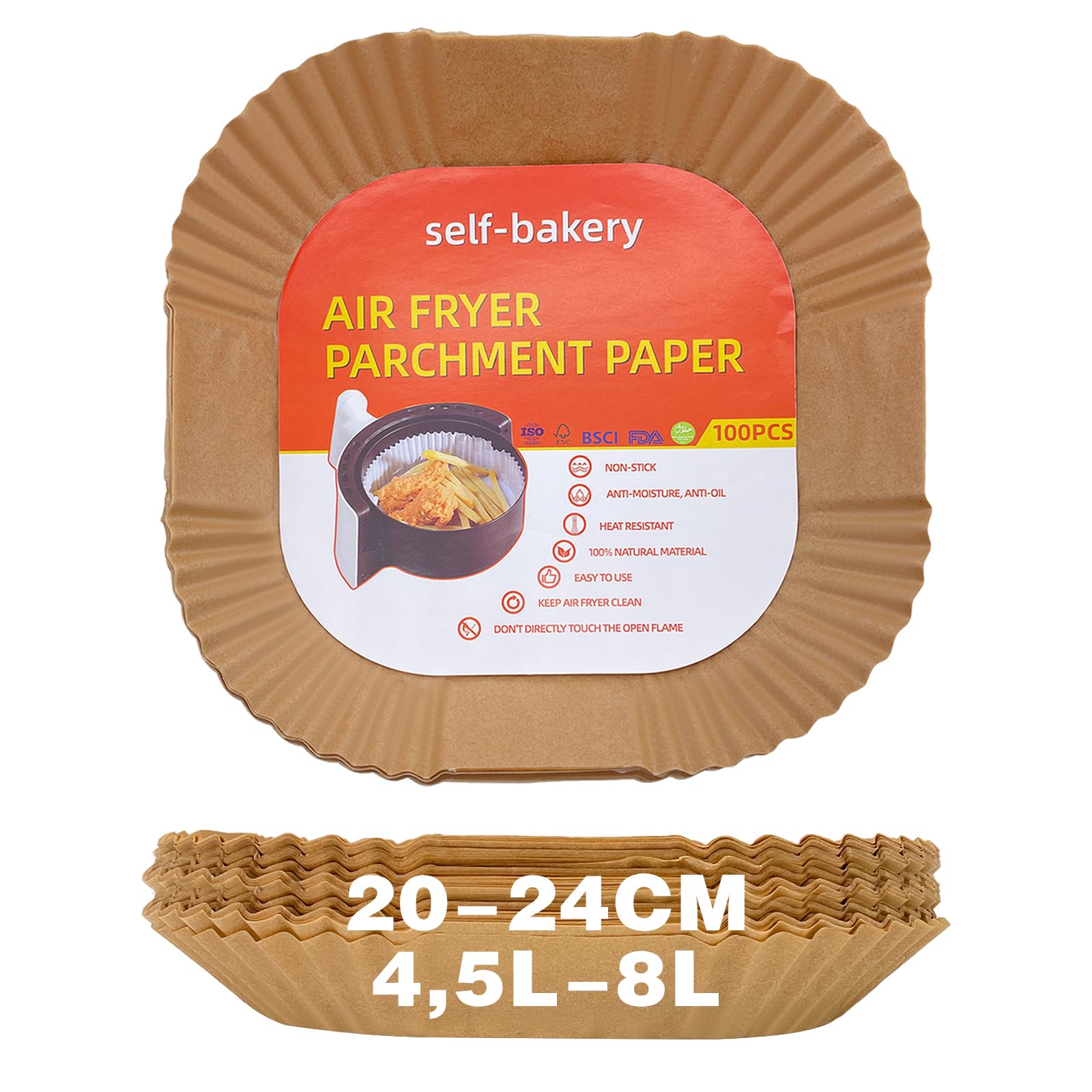 Papel de Hornear para Freidora Aire - 100 Hojas Cuadradas de 20-24 cm, Antiadherente e Impermeable - Accesorios para Freidora de Aire de 4,5L-8L, Resistente al Aceite