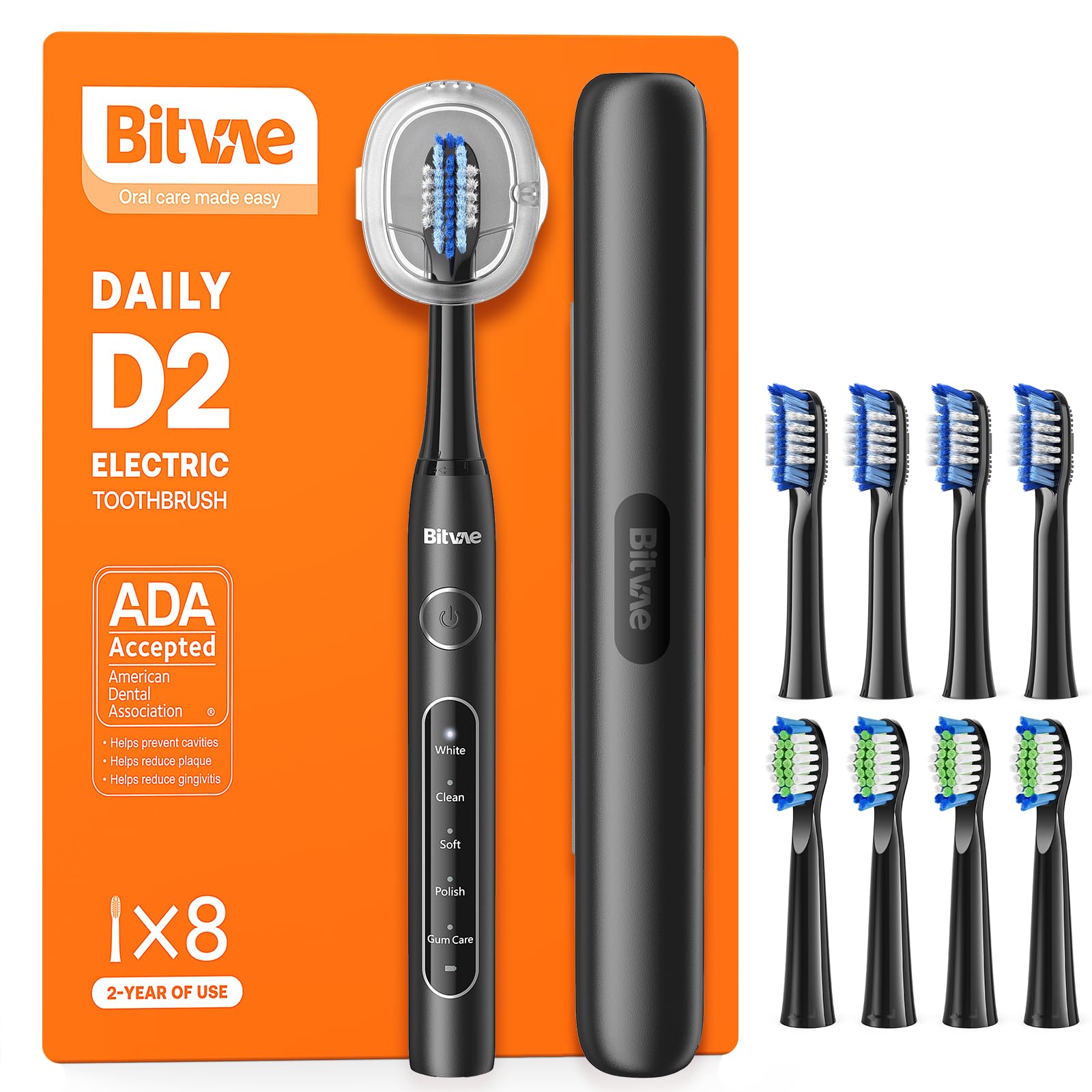 Bitvae Ultrasonic Electric Toothbrushes for Adults and Kids, ADA Accepted Rechargeable Travel Sonic Toothbrush with 8 Brush Heads, 5 Modes, Holder, D2 (Jet Black)