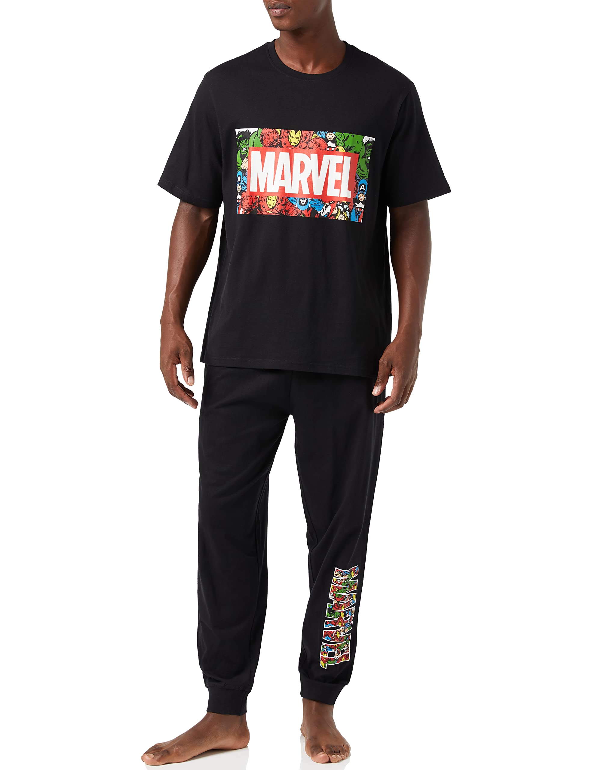 Marvel Men's Black Pyjamas, T-Shirt And Pyjama Bottoms Set, Incredible Hulk Captain America Spiderman Iron Man Pjs For Official Merchandise, Gifts For