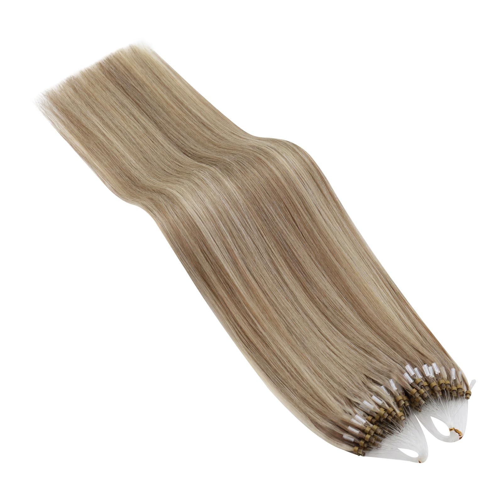 Ugeat Dopinki do przedłużania włosów z prawdziwych włosów, mikro-ringi, platynowy blond, pasemka 60 cm, Remy, mikro-ringi, pasemka, do dłuższych włosów, 50 g, 50 s, #P8A/60