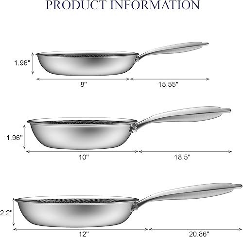 Miniatura 3 de BIELMEIER Sartén antiadherente de 8, 10, 12 pulgadas, sartén de acero inoxidable con tapa de vidrio templado, sartén de fondo plano para cocinas de