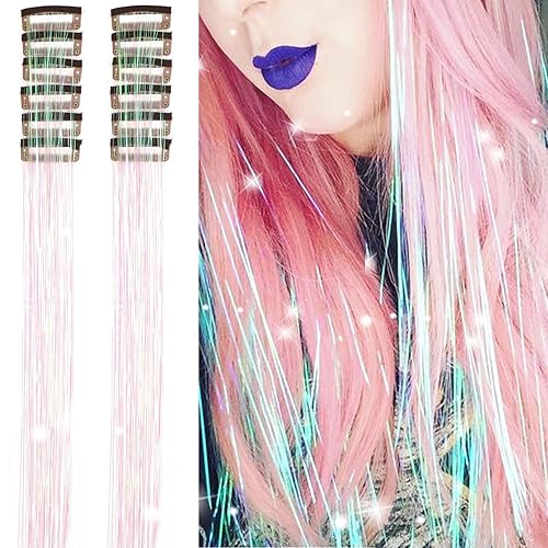 Miniatura 8 de Extensiones de cabello con purpurina de 23.6 pulgadas con 6 clips de color rosa brillante para niñas, mujeres, niños, oropel resistente al calor