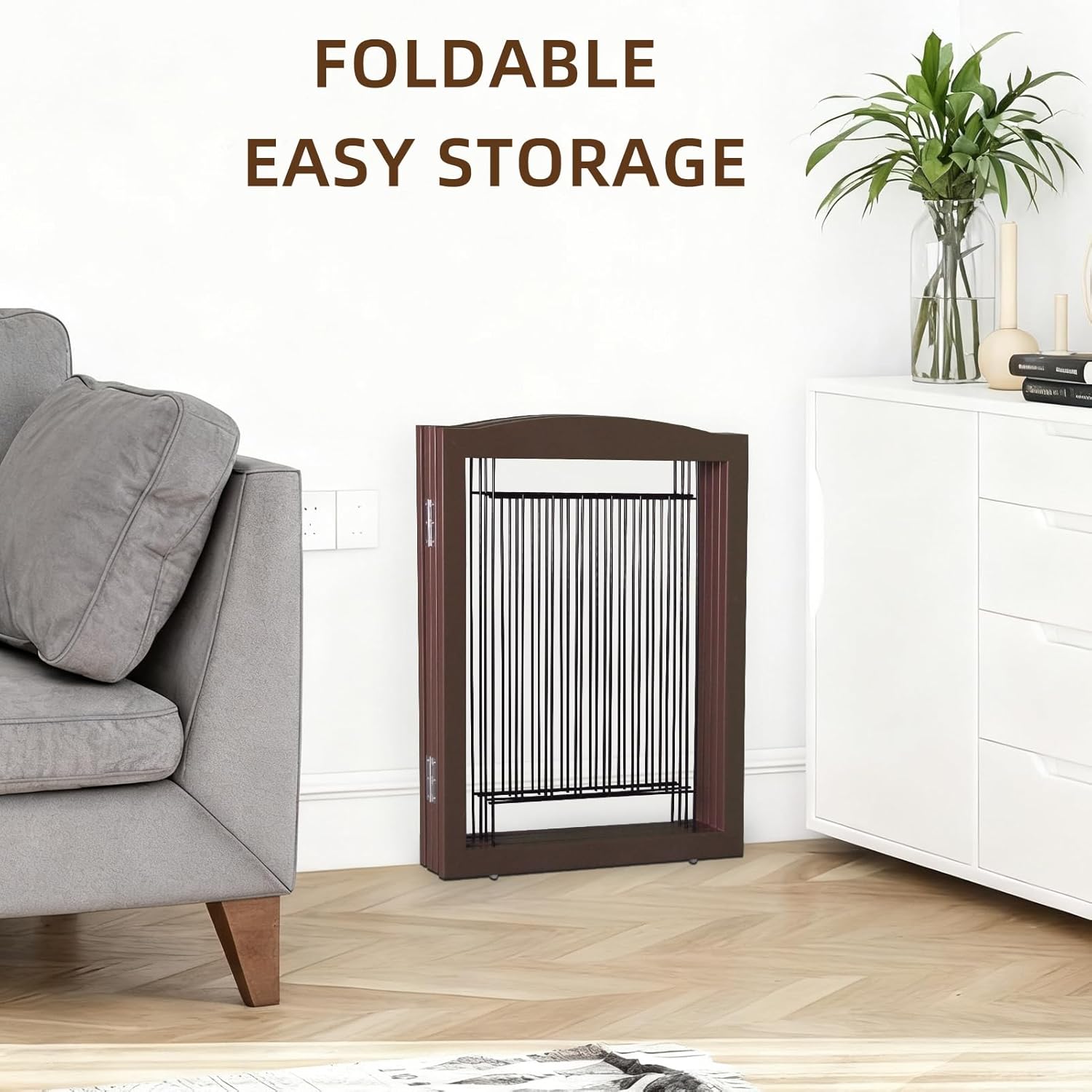 ZJSF Freestanding Foldable Dog Gate for House Extra Wide Wooden Brown Puppy Gate Stairs Dog Gates Doorways Tall Pet Gate 24 "Height 3 Panels Pet Fence