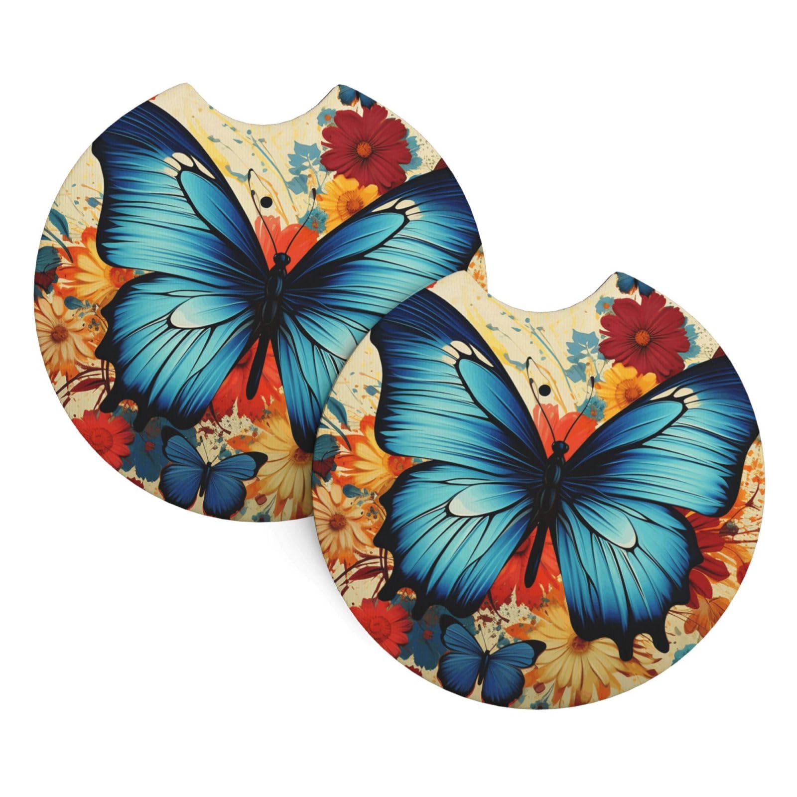 2PCS Car Coaster for Cup Holders Universal Auto Cup Mat Butterfly Cup Coaster Pad 2.7" Waterproof Neoprene Non-Slip Cup Holder Coasters Car Interior Accessories for Women Men