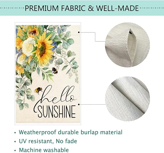 Baccessor Summer House Flag Hello Sunshine Sunflower Bee Eucalyptus Leaves Yard Flag 28 X 40 Inch Double Sided Burlap Large Flag for Outside Decor