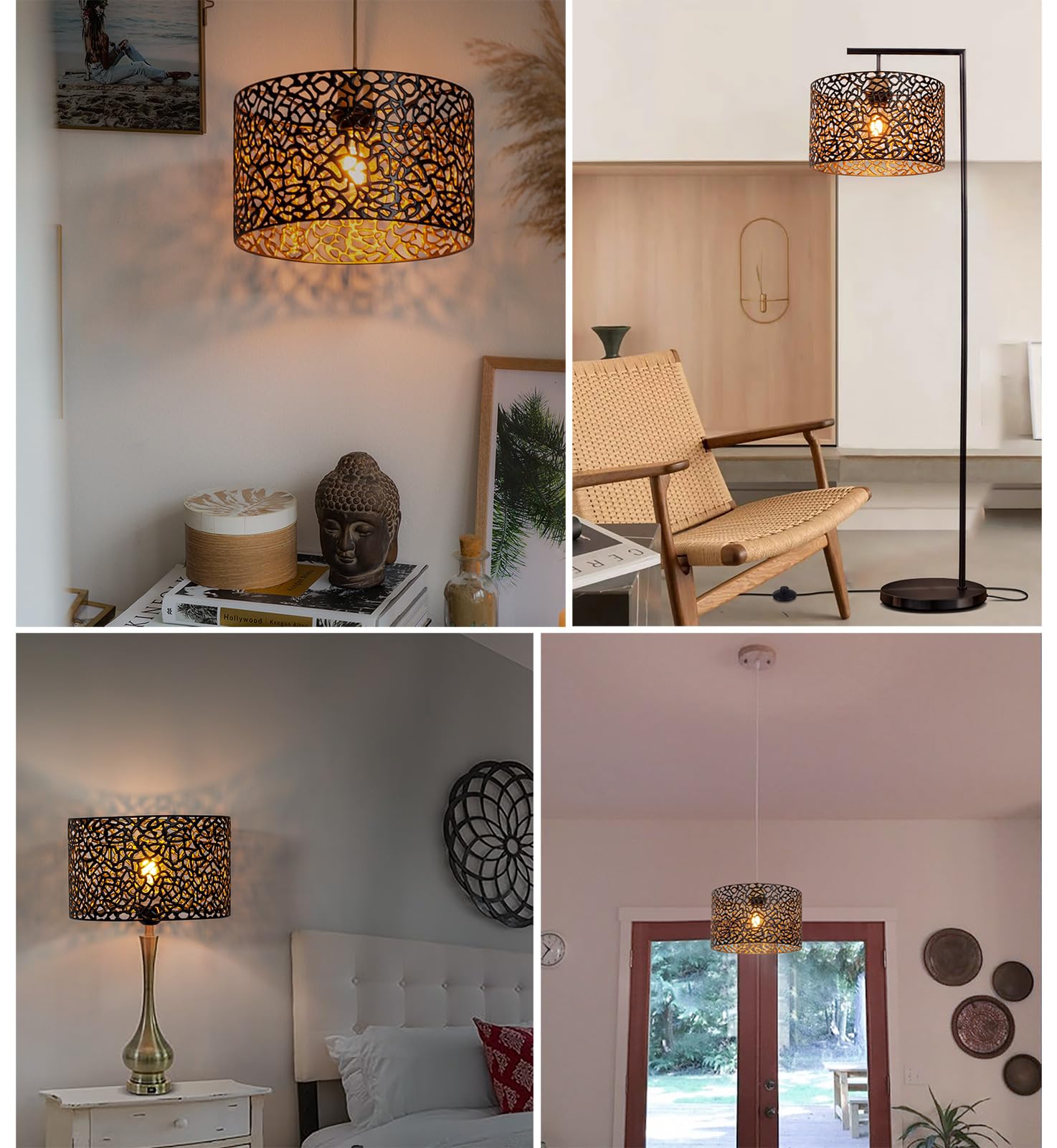 Paralume vintage in metallo, nero oro, intagliato, a tamburo, per lampada da terra, lampada a sospensione, lampada da tavolo, lampada da soffitto (rotondo 7 GB)