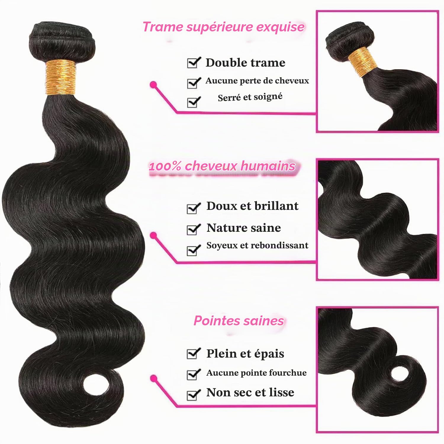 Body Wave Human Hair Bundles Lots de Cheveux Humains 100% Brésiliens Vierges et Non Traités - Extensions pour Tissage Rapide 3 Bundles Human Hair Noir Naturel 12 14 16 Pouces