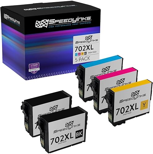 Miniatura 6 de SPEEDYINKS Cartucho de tinta remanufacturado de repuesto para Epson 702XL de alto rendimiento (2 negros, 1 cian, 1 magenta, 1 amarillo, 5 unidades)