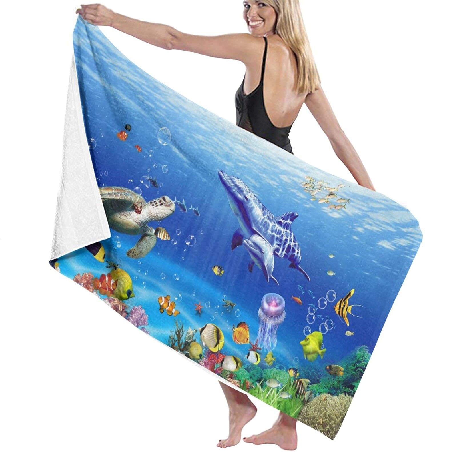 Lsjuee Tropical Fish Dolphin with Turtles Coral Beach Towels for Kids Light Weight Superfine Fiber Beach Towel for Women for Tropical Vacations SPA Hawaii Swimming Cruise Swimming Class 32INx52IN