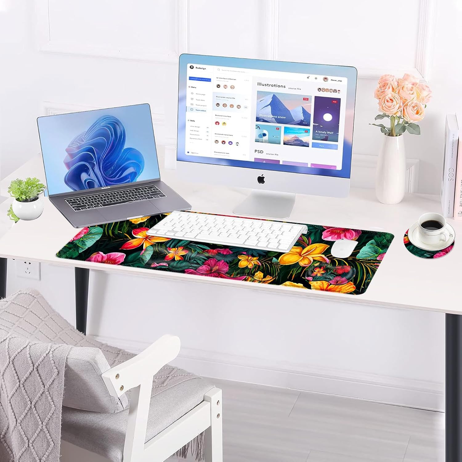 Large Keyboard Mouse Pad Set, Extended Mouse Pad+Keyboard Wrist Rest Support, Memory Foam Ergonomic Easy Typing, 4Pcs (31.5×11.8 in) Desk Pad Set for Office Home,Vibrant Tropical Flower