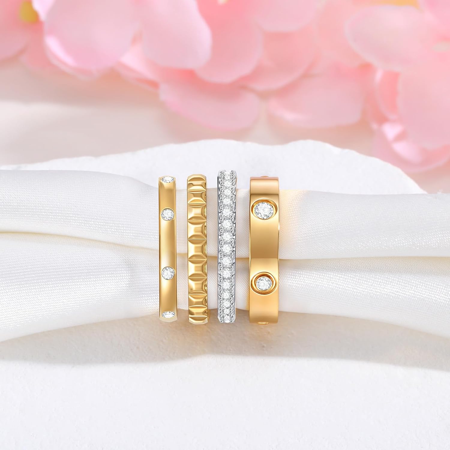 Stackable Gold Rings for Women - 18K Gold Plated Rings Set, Non Tarnish Stainless Steel Cubic Zirconia Friendship Band Stack Rings Trendy Jewelry, Christmas Birthday Party Gifts for Her Girlfriend - Image 5