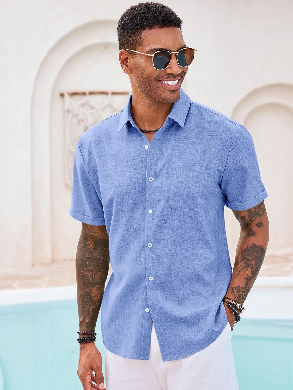 Runcati Mens Button Down Shirt Short Sleeve Casual Summer Beach Wedding Tops - Image 3