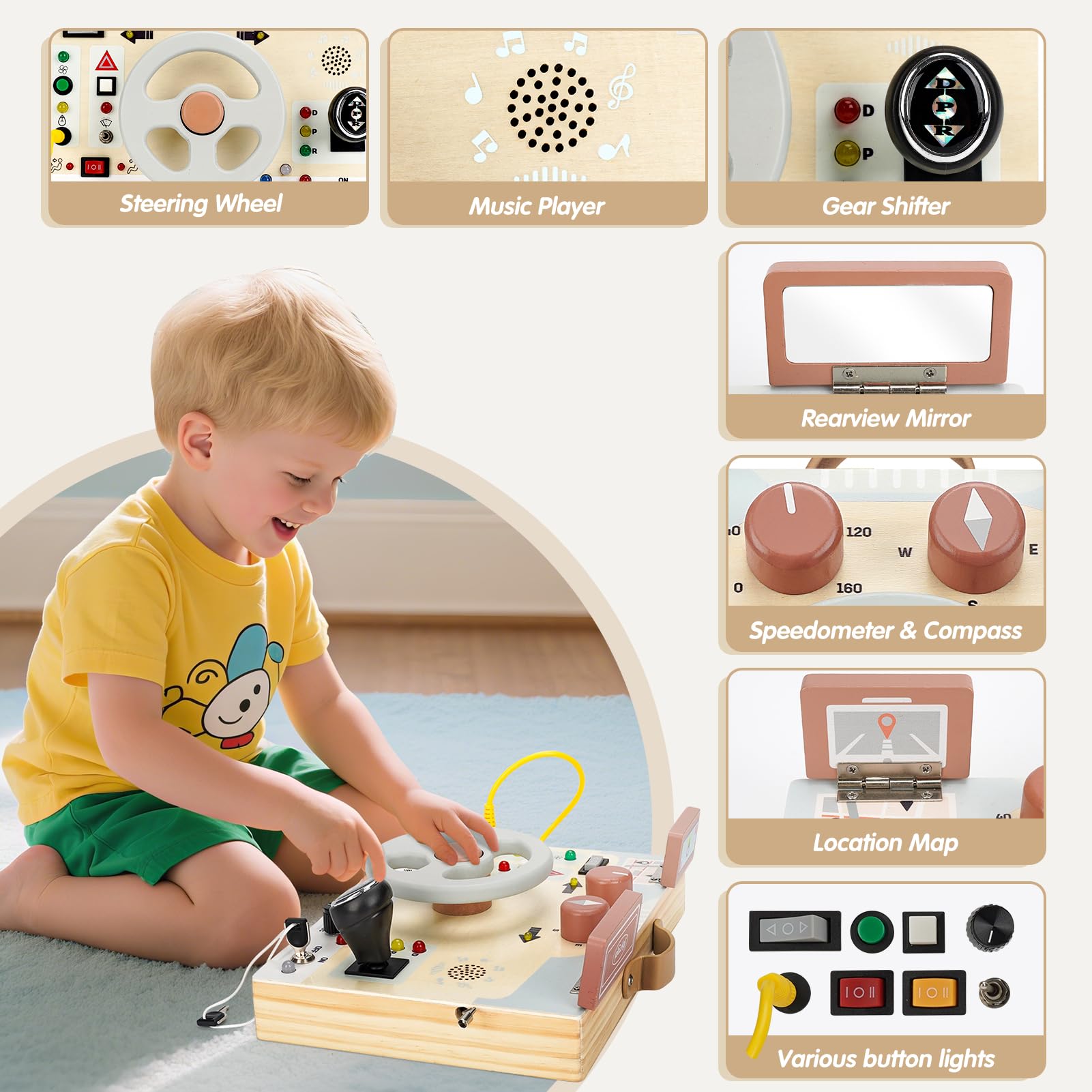 Joyreal Toddler Busy Board with LED Lights, Steering Wheel, Sounds, Montessori Toys for 1+ Year Old, Fidget Board Sensory Travel Toy, Gifts for Boys and Girls — view 3