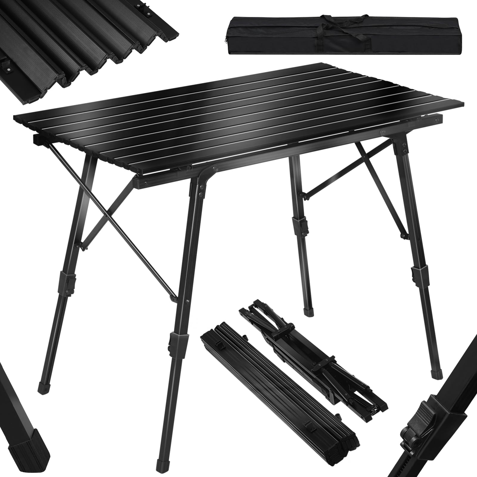 WOLTU Campingtisch Klapptisch aus Alu Gartentisch Balkontisch Reisetisch zusammenklappbar, mit Packtasche, Höhenverstellbar, 90x52X(45-69) cm, Schwarz