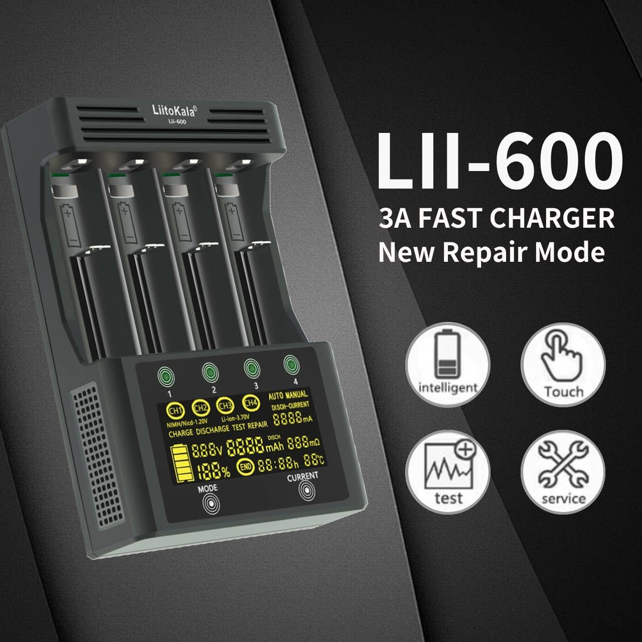 18650 LiitoKala Lii-600 ładowarka akumulatorowa, z wyświetlaczem dotykowym LCD, ładowarka do baterii AA z 4 gniazdami, w zestawie adapter 12 V5A do litowo-jonowych/NI-MH/NI-Cd 14500 21700 AA AAA itp