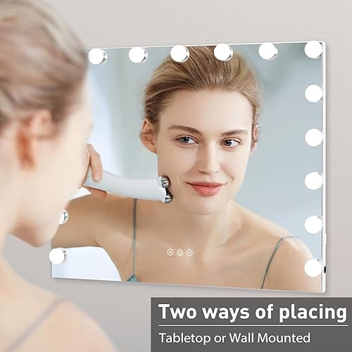 Miniatura 7 de HOMPEN Hollywood - Espejo de maquillaje con luces, pantalla táctil, 3 modos de color, espejo de mesa sin marco con 17 bombillas regulables, color