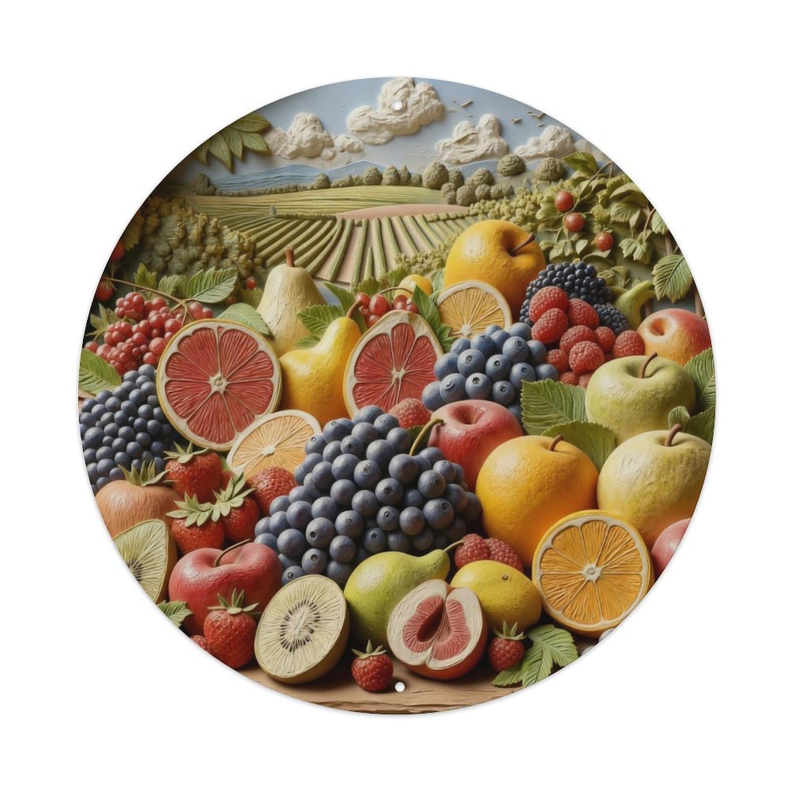 Fruit Garden Landscape Pattern Print Round Metal Tin Sign Vintage Wall Decor, Bar Garage Cafe Kitchen Home Wall Art Poster 8x8inches
