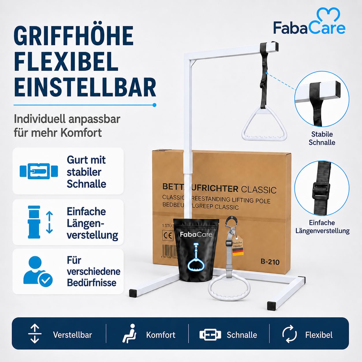 FabaCare Bettgalgen freistehend bis 130 kg Körpergewicht zusätzlichem extra Griff für kleine Hände | mobiler Galgen für normales Bett | Aufrichthilfe, Bettgriff, Bettaufrichter