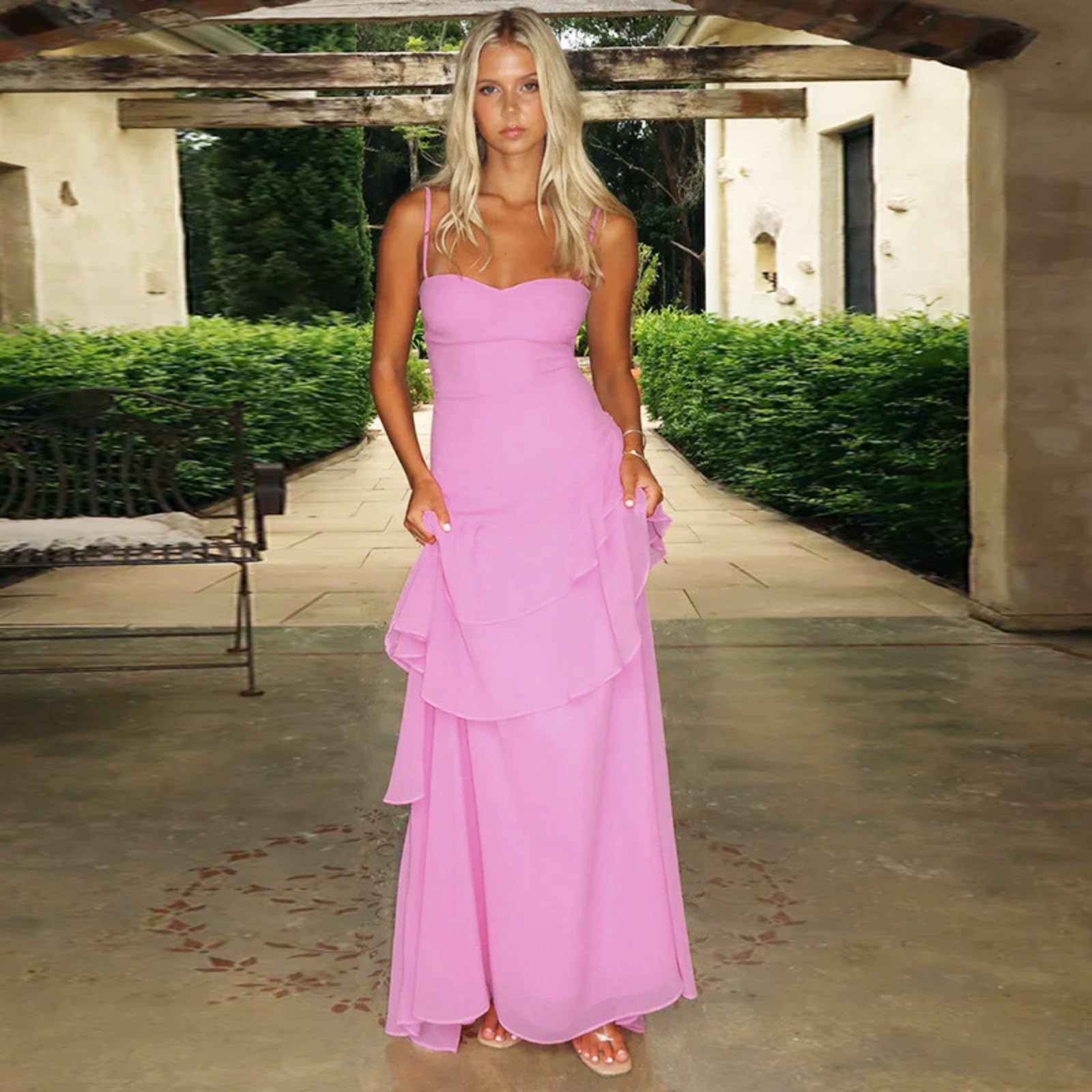 Vestidos de graduación con volantes escalonados para adolescentes, vestidos de fiesta de gasa con tirantes delgados, vestido formal plisado sin espalda