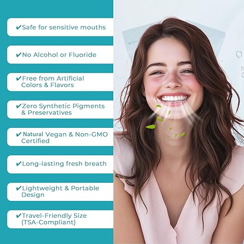Miniatura 6 de Tiras de enjuague bucal de menta sin alcohol ni flúor, 60 paquetes portátiles envueltos individualmente para adultos, tiras con sabor a menta Fresh