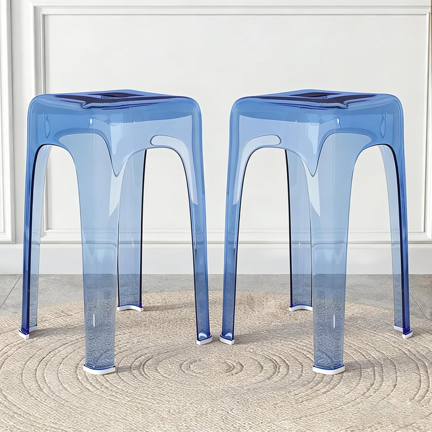Clear Acrylic Bar Stools Set of 2, Modern Backless Counter Stool, Transparent Stackable Dining Stool for Kitchen Island Dining Room Restaurant, 18'' High, Blue