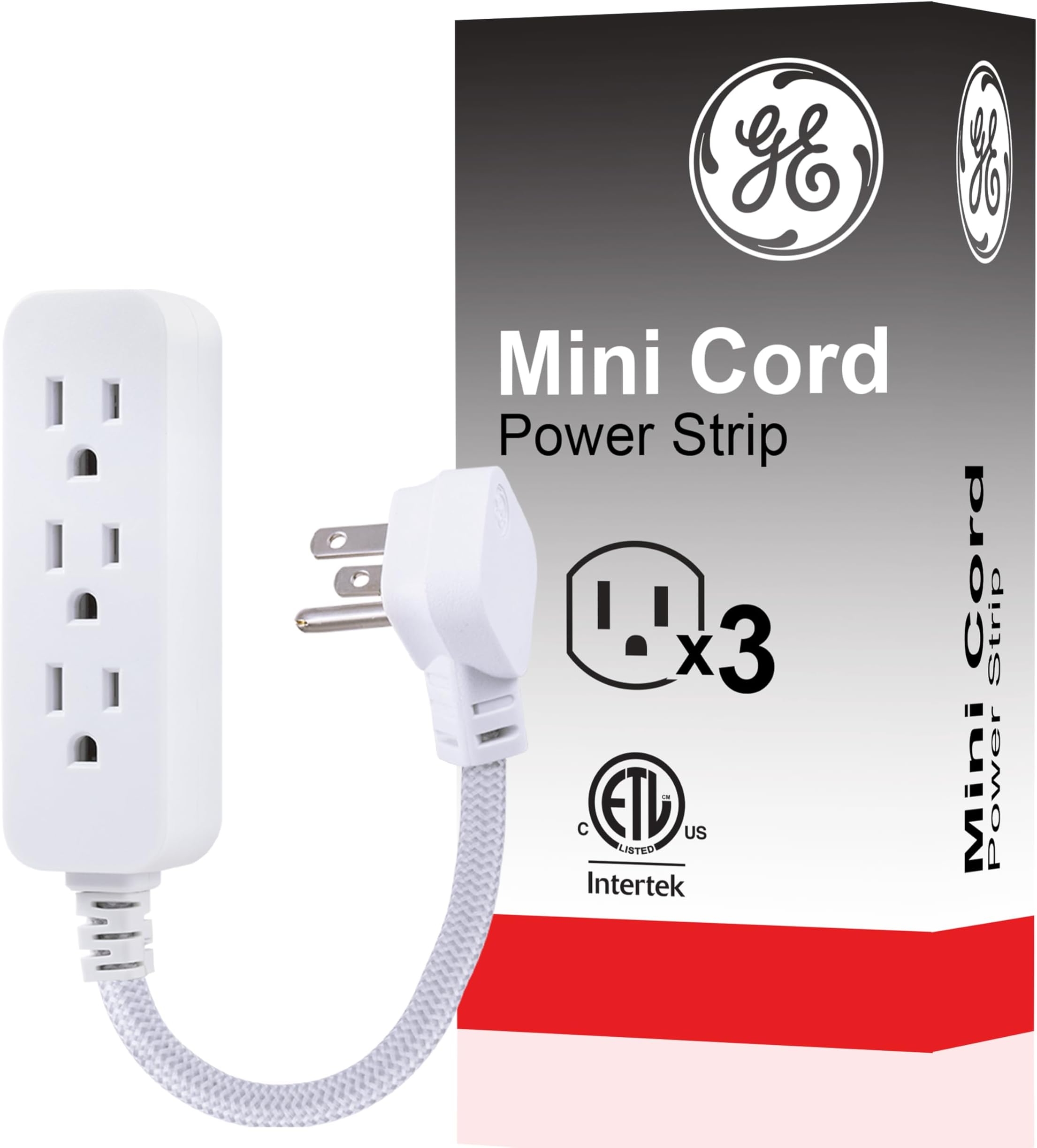 GE 3-Outlet Power Strip Extension Cord with Multiple Outlets 6 Inch Braided Short Cord Extension Cord Grounded Flat Plug Extension Cord UL Listed White 45190