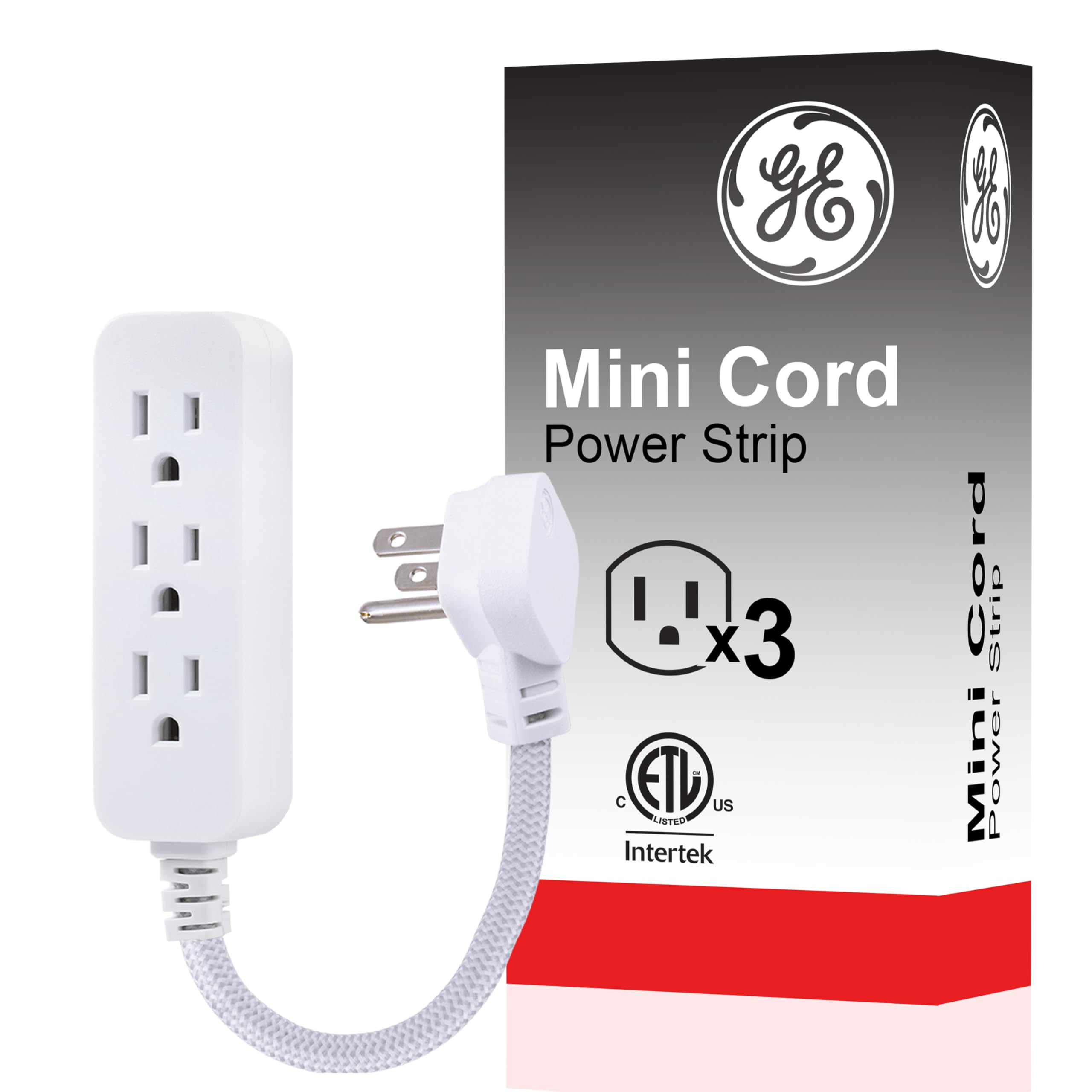 GE 3-Outlet Power Strip Surge Protector 5 Inch Braided Extension Cord with Multiple Outlets Grounded Flat Plug ETL Listed White 45190
