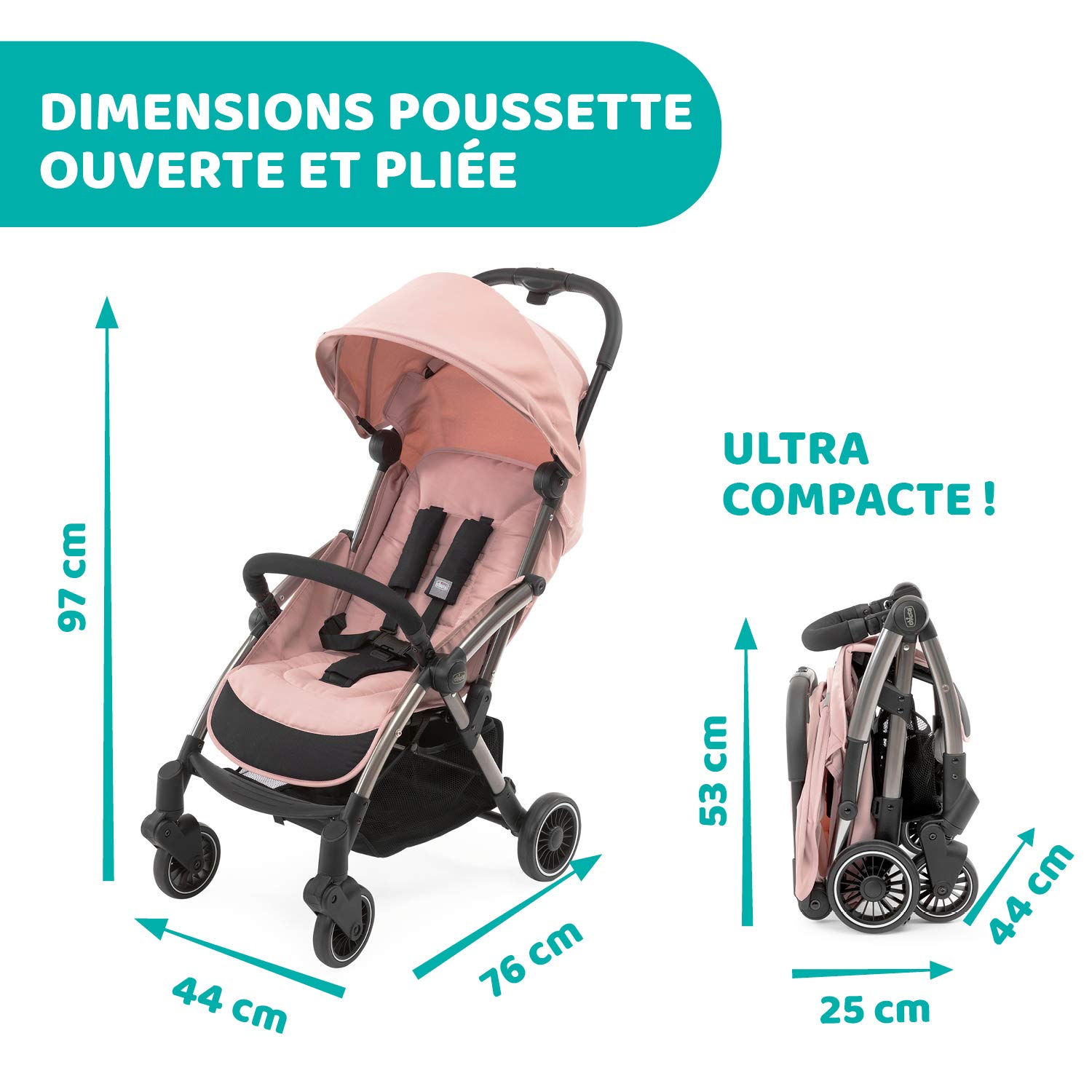 Chicco Cheerio Poussette Canne Bébé Compacte de 0 à 15 kg, Ultra Légère, Pliable et Inclinable avec Position Sommeil, Fermeture Automatique, Pare-soleil et Habillage Pluie, Blossom